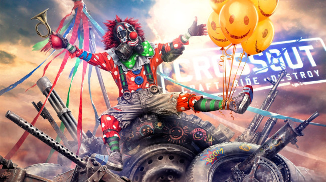 Обои картинки фото видео игры, crossout, клоун, шарики, рожок, ленты, шины, стволы