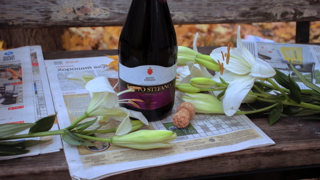 Обои картинки фото разное, - другое, скамейка, газеты, бутылка, цветы, лилии