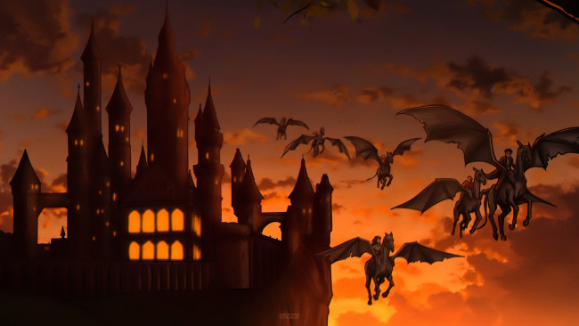 Обои картинки фото рисованное, кино,  мультфильмы, замок, хогвардс, фестралы, полет, закат, ученики