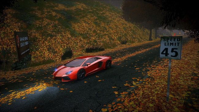 Обои картинки фото видео игры, need for speed,  the run, машина, ламборгини, склон, осень, дорога, листья, знаки