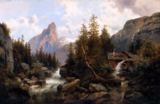 Обои картинки фото josef thoma, рисованное, живопись, горы, облака, дом, мельница, камни, речка, деревья