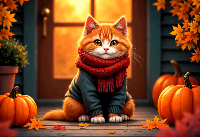 Обои картинки фото 3д графика, животные , animals, кот, шарф, свитер, дом, дверь, ступени, листья, осень, тыквы