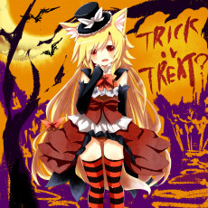 Картинка аниме halloween magic шляпа платье хелуин кошка девушка