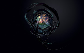 Картинка 3д графика nature landscape природа звёзды остров море окно desktopography ленты чернила