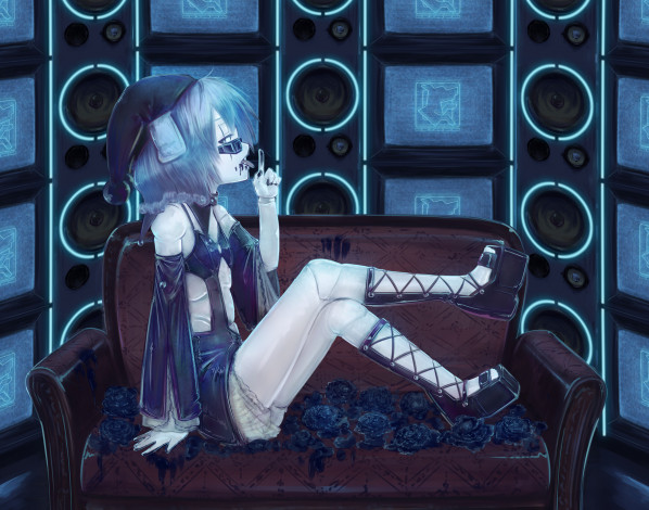 Обои картинки фото аниме, weapon, blood, technology, колпак, очки, колонки, кровь, розы, диван, девушка