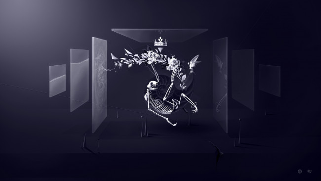 Обои картинки фото 3д, графика, horror, ужас, скелет, desktopography, цветы, корона, стёкла, птица