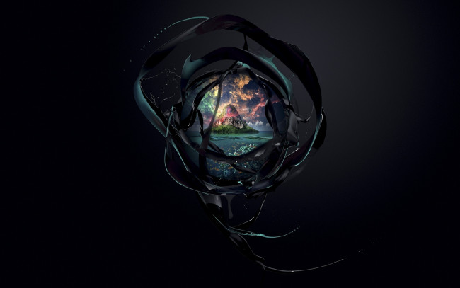 Обои картинки фото 3д, графика, nature, landscape, природа, звёзды, остров, море, окно, desktopography, ленты, чернила