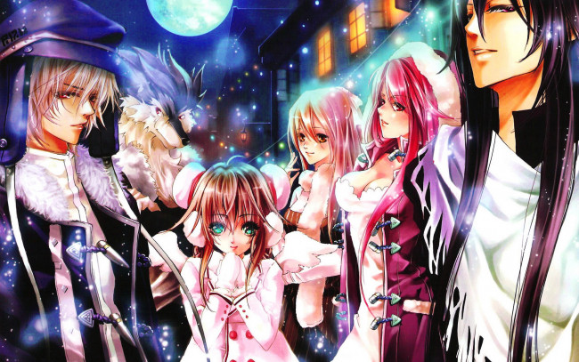 Обои картинки фото аниме, *unknown, другое, девушки, волк, животное, парни, луна, ночь, дома, огни, окна