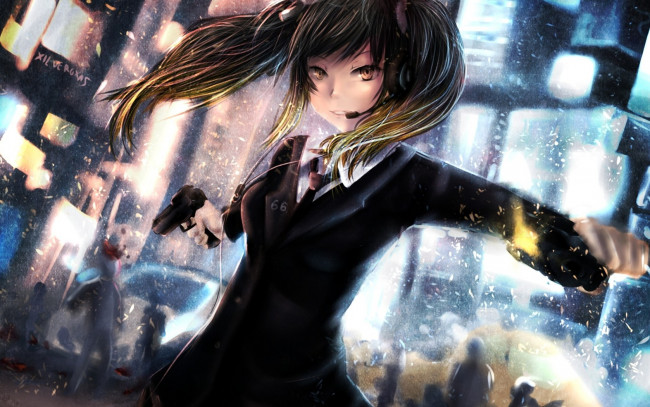 Обои картинки фото аниме, weapon, blood, technology, наушники, пистолет, девушка, город, микрофон