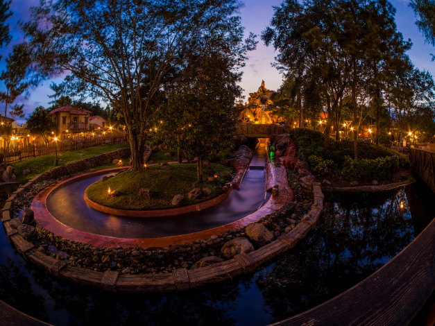 Обои картинки фото природа, парк, аллеи, деревья, каналы, огни