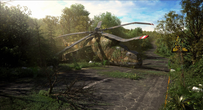 Обои картинки фото 3д, графика, military, деревья, вертолет, дорога