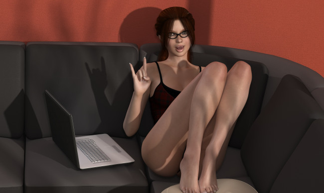 Обои картинки фото 3д, графика, people, люди, диван, девушка, ноутбук, взгляд, очки