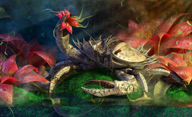 Обои картинки фото 3д, графика, fantasy, фантазия, цветы, краб, вода, balazs, papay, balazs papay