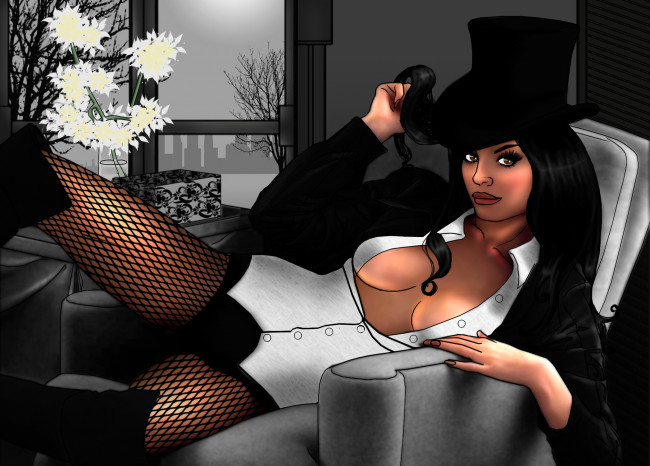 Обои картинки фото рисованные, люди, кресло, шляпа, чулки, девушка
