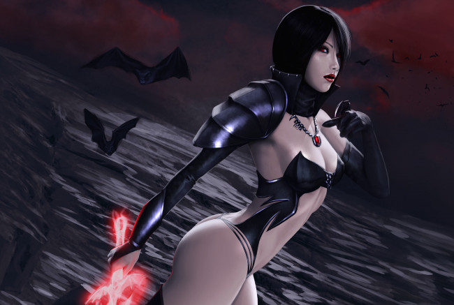 Обои картинки фото фэнтези, вампиры, амулет, летучие, мыши, попа, ягодицы, вампирша, девушка, меч, вампир