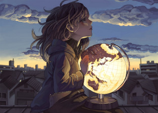 Картинка аниме город +улицы +здания облака небо девушка takumi05 арт дома глобус