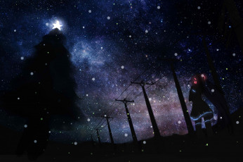 Картинка аниме vocaloid арт девушка ночь звезды небо провода зима hatsune miku елка рождество shy праздник