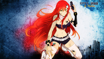 Картинка аниме tengen+toppa+gurren-lagann девушка yoko littner город паук заколка оружие браслет череп татуировка пистолет