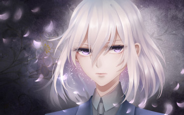 Картинка аниме unknown +другое крупный план лепестки цветы портрет сиреневые глаза светлые волосы парень