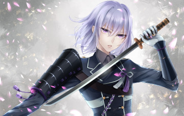 Картинка аниме оружие +техника +технологии форма лепестки катана парень сиреневые глаза меч