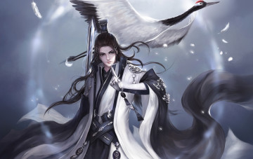 Картинка фэнтези люди перья птица парень меч