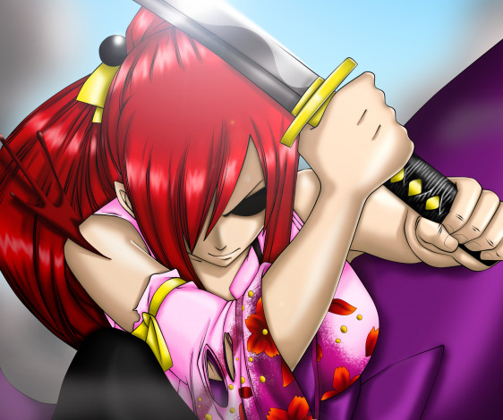 Обои картинки фото аниме, fairy tail, меч, erza, scarlet, фон, взгляд, девушка