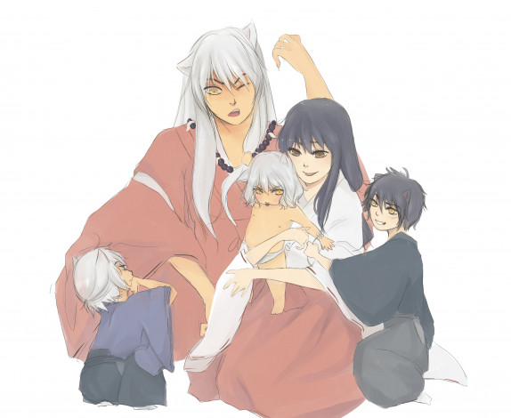 Обои картинки фото разное, арты, фон, девушка, парень, инуяша, семья, дети, аниме, арт