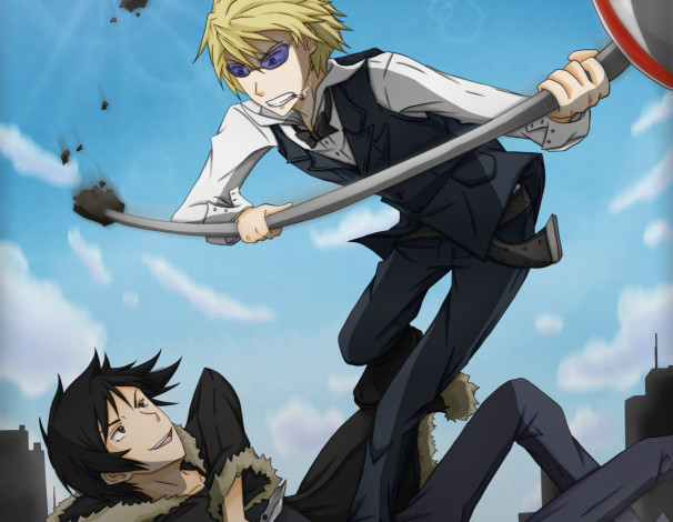 Обои картинки фото аниме, durarara, шизуо, изая, арт