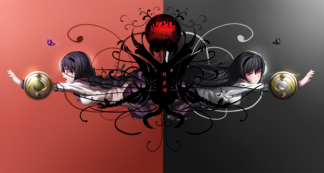 Обои картинки фото аниме, mahou shoujo madoka magika, взгляд, девушки, akemi, homura, hk, mahou, shoujo, madoka, magica, фон