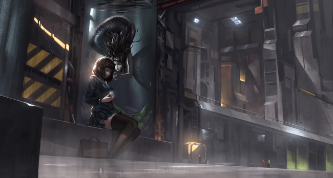 Обои картинки фото аниме, животные,  существа, арт, русалка, лаборатория, baka, mh6516620, аквариум, девушка