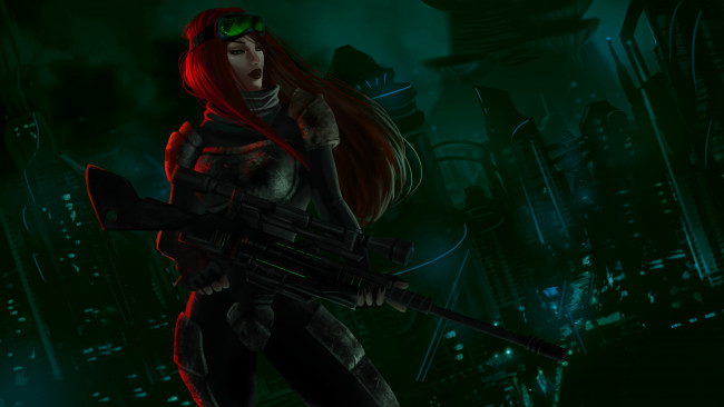 Обои картинки фото фэнтези, девушки, снайпер, рыжая, оружие, фон, взгляд, девушка