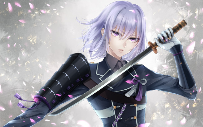 Обои картинки фото аниме, оружие,  техника,  технологии, форма, лепестки, катана, парень, сиреневые, глаза, меч
