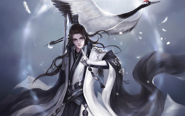 Обои картинки фото фэнтези, люди, перья, птица, парень, меч