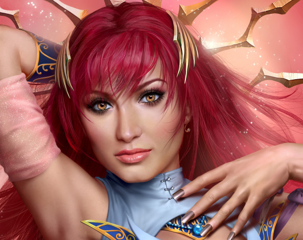 Обои картинки фото 3д графика, портрет , portraits, девушка, красавица, пальцы, рыжая, взгляд, lana, solaris, арт, лицо, рука