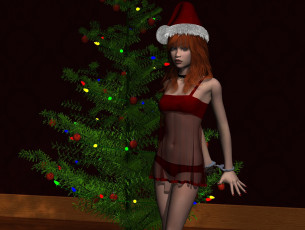обоя 3д графика, праздники , holidays, девушка, взгляд, елка, фон