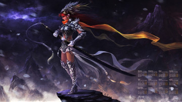 Картинка календари фэнтези скала меч воин девушка