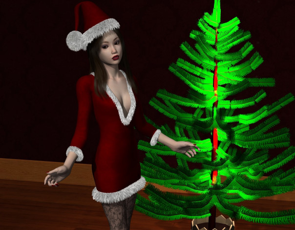 Обои картинки фото 3д графика, праздники , holidays, фон, елка, взгляд, девушка