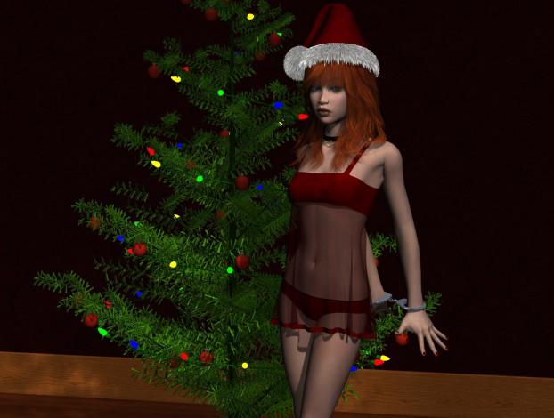 Обои картинки фото 3д графика, праздники , holidays, девушка, взгляд, елка, фон
