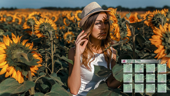 Обои картинки фото календари, девушки, подсолнух, шляпа, взгляд
