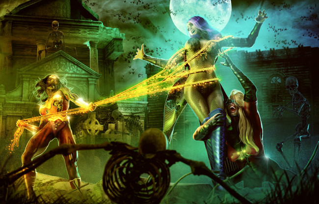 Обои картинки фото 3д графика, ужас , horror, девушки, фон, скелет