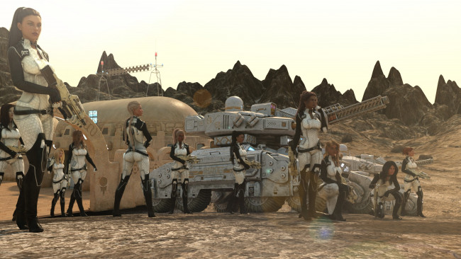 Обои картинки фото 3д графика, фантазия , fantasy, девушки, фон, взгляд