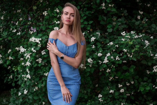 Обои картинки фото девушки, -unsort , блондинки,  светловолосые, портрет, синее, платье, растения, женщины