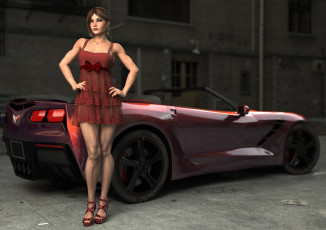 Картинка 3д+графика люди-авто мото+ people-+car+ +moto автомобиль платье взгляд фон девушка