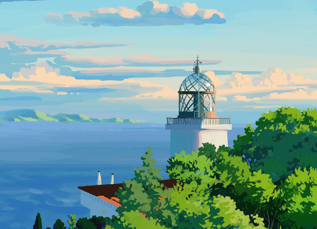 Обои картинки фото рисованное, города, маяк, небо, море