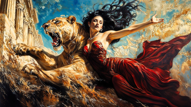 Обои картинки фото фэнтези, красавицы и чудовища, девушка, платье, магия, лев, здание