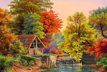 Картинка рисованное виктор+цыганов лес деревья осень изба река бревна запруда