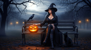 обоя разное, компьютерный дизайн, хэллоуин, девушка, ведьма, шляпа, сапоги, тыква, кот, ворон, деревья, скамейка, осень, листья, парк