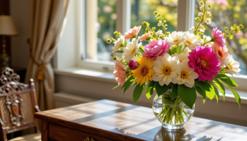 обоя 3д графика, цветы , flowers, окно, ваза, букет