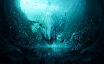 Картинка фэнтези замки дворец птицы скалы статуи ступени