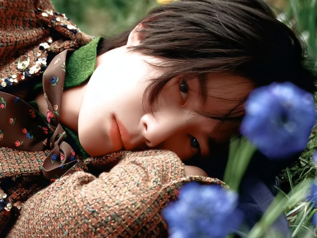 Обои картинки фото мужчины, wang yi bo, актер, лицо, наряд, трава, цветы